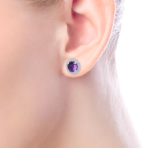 14K White Gold Round Amethyst and Diamond Halo Stud Earrings