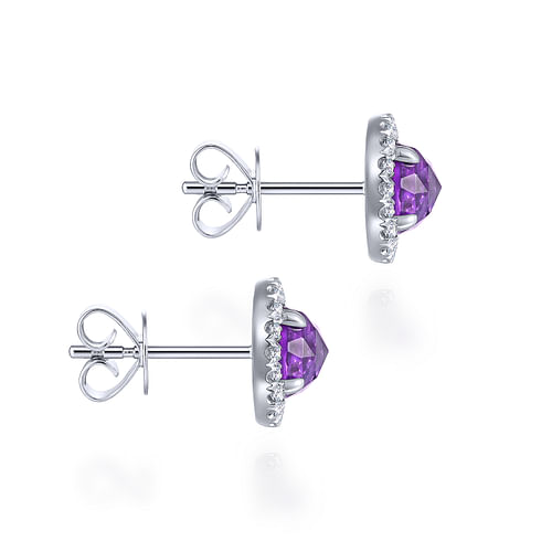 14K White Gold Round Amethyst and Diamond Halo Stud Earrings