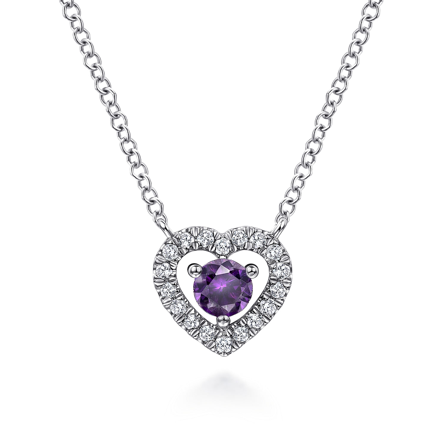 14K White Gold Round Amethyst and Diamond Heart Pendant Necklace