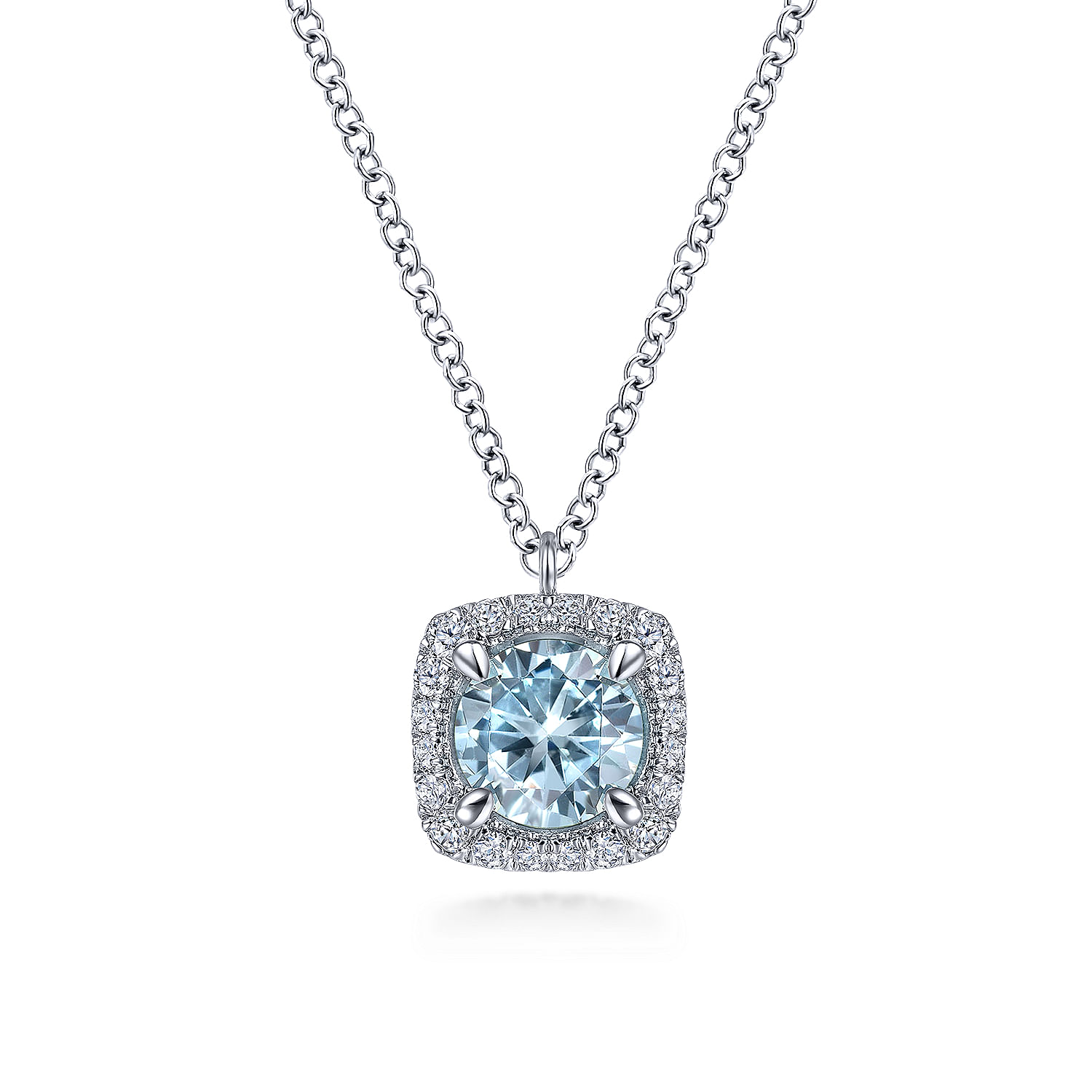 14K White Gold Round Aquamarine and Cushion Diamond Halo Pendant Necklace