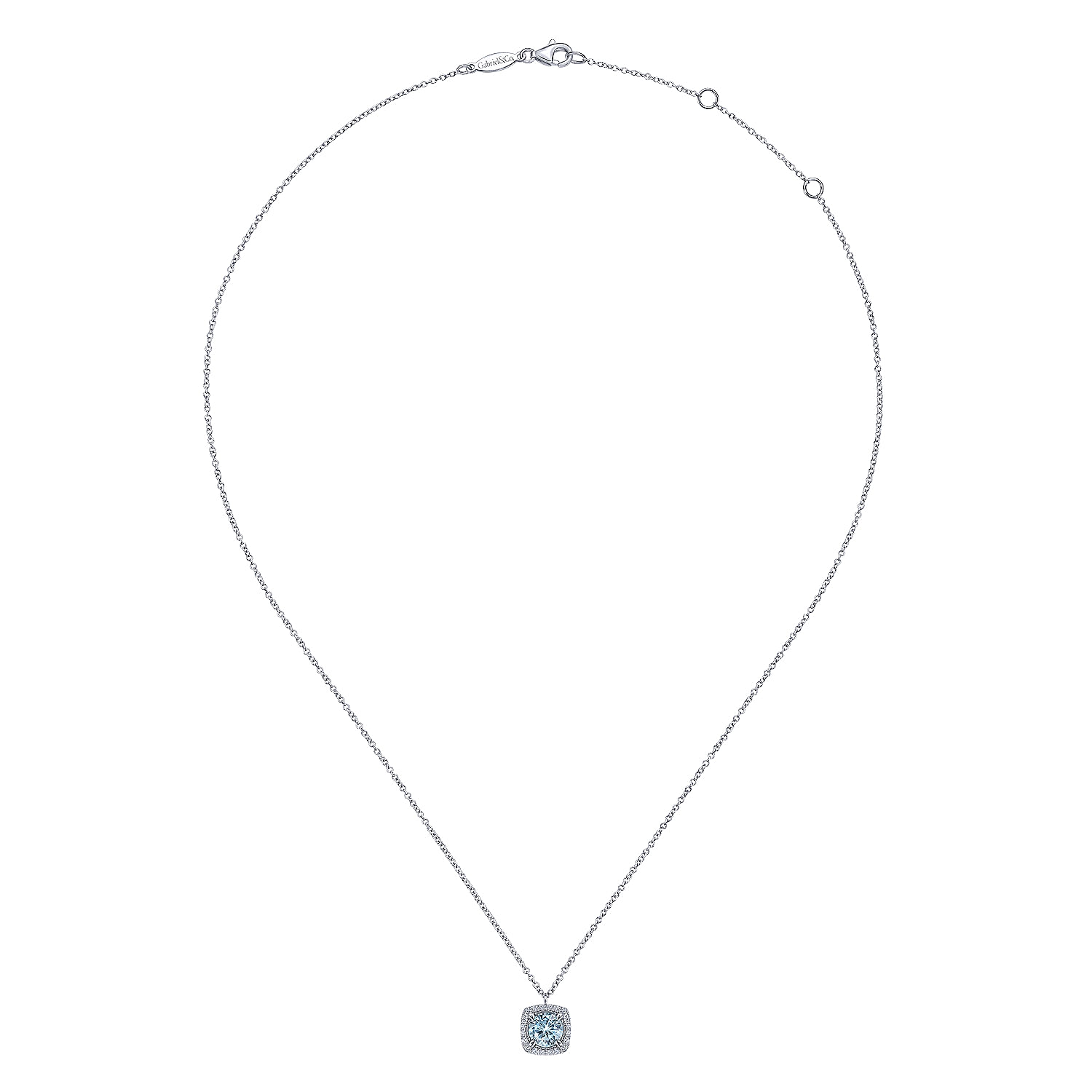 14K White Gold Round Aquamarine and Cushion Diamond Halo Pendant Necklace