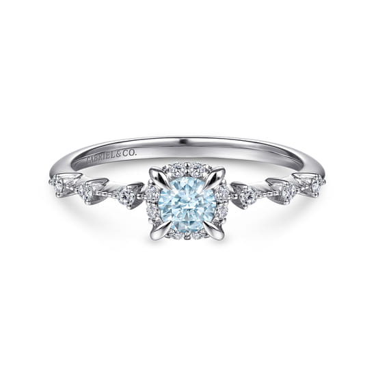 14K White Gold Round Aquamarine and Diamond Halo Promise Ring