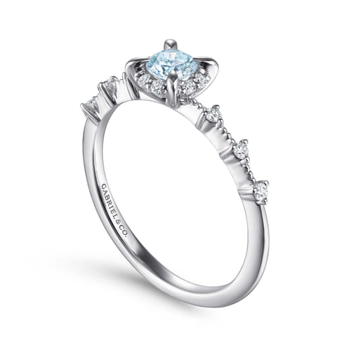 14K White Gold Round Aquamarine and Diamond Halo Promise Ring