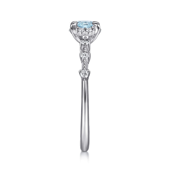 14K White Gold Round Aquamarine and Diamond Halo Promise Ring angle 4