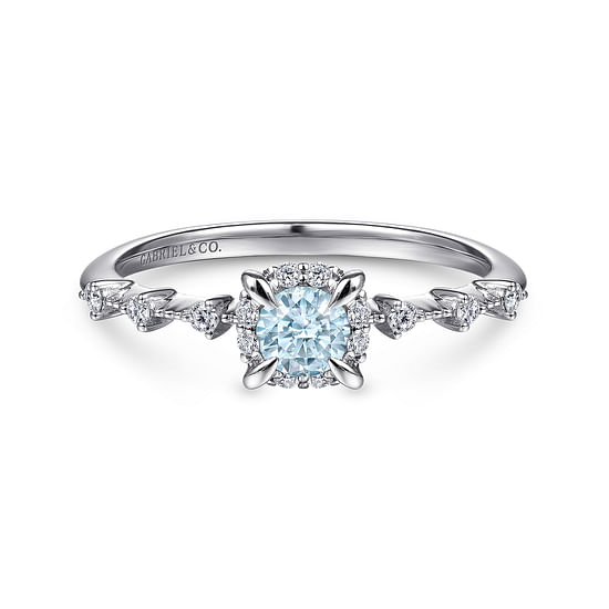 Gabriel - 14K White Gold Round Aquamarine and Diamond Halo Ring