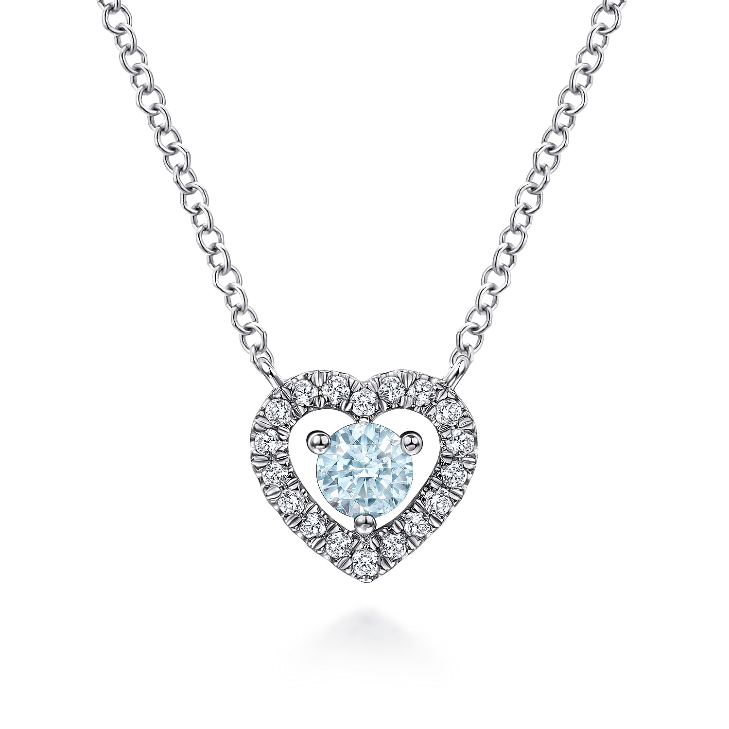 14K White Gold Round Aquamarine and Diamond Heart Pendant Necklace