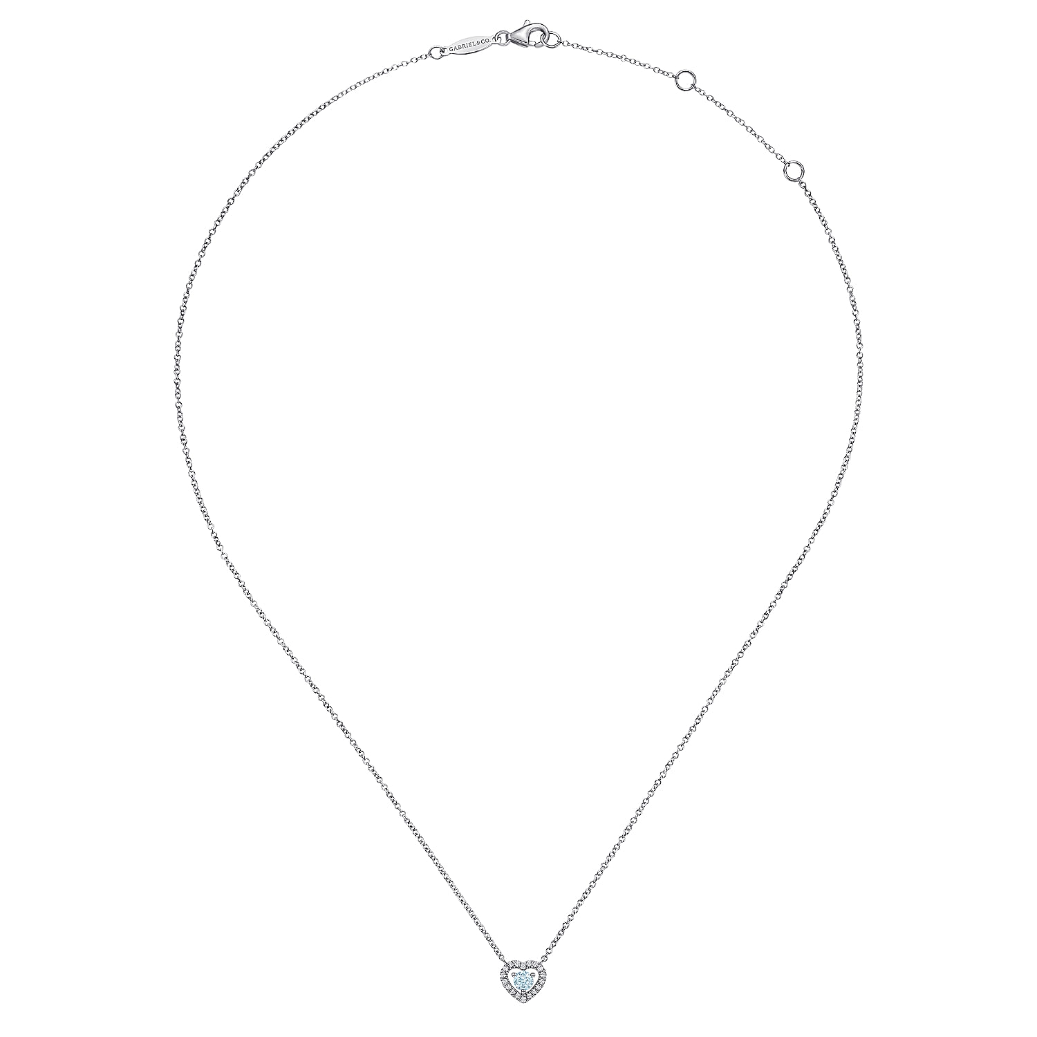 14K White Gold Round Aquamarine and Diamond Heart Pendant Necklace