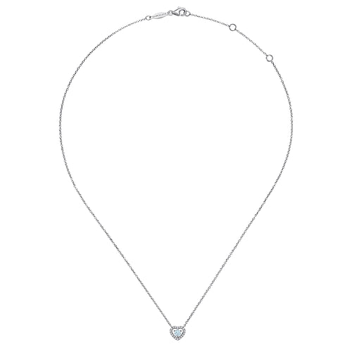 14K White Gold Round Aquamarine and Diamond Heart Pendant Necklace