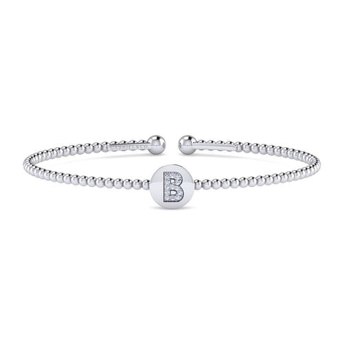 14K White Gold Round B Initial Diamond Bujukan Cuff Bracelet