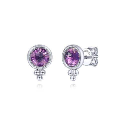14K White Gold Round Bezel Amethyst Stud Earrings