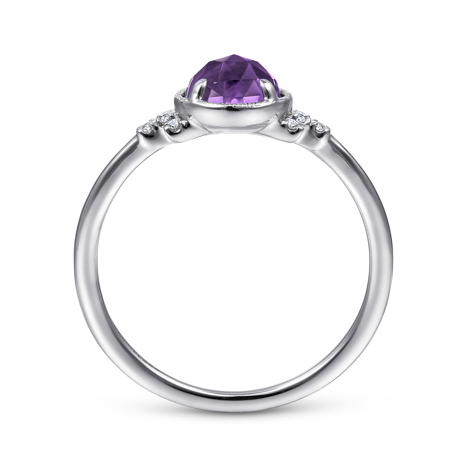 14K White Gold Round Bezel Set Amethyst Ring with Diamond Side Accents