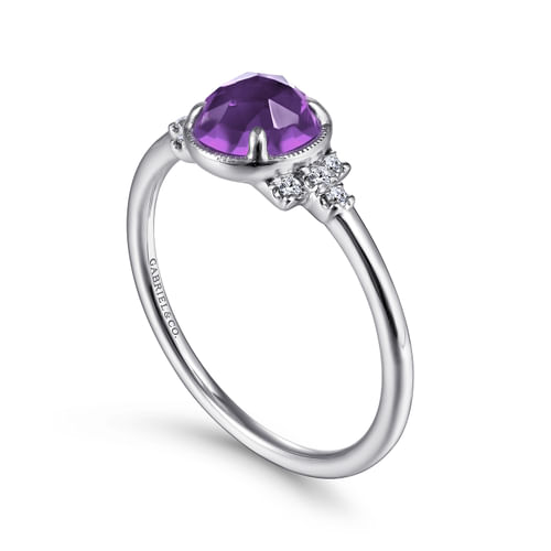 14K White Gold Round Bezel Set Amethyst Ring with Diamond Side Accents
