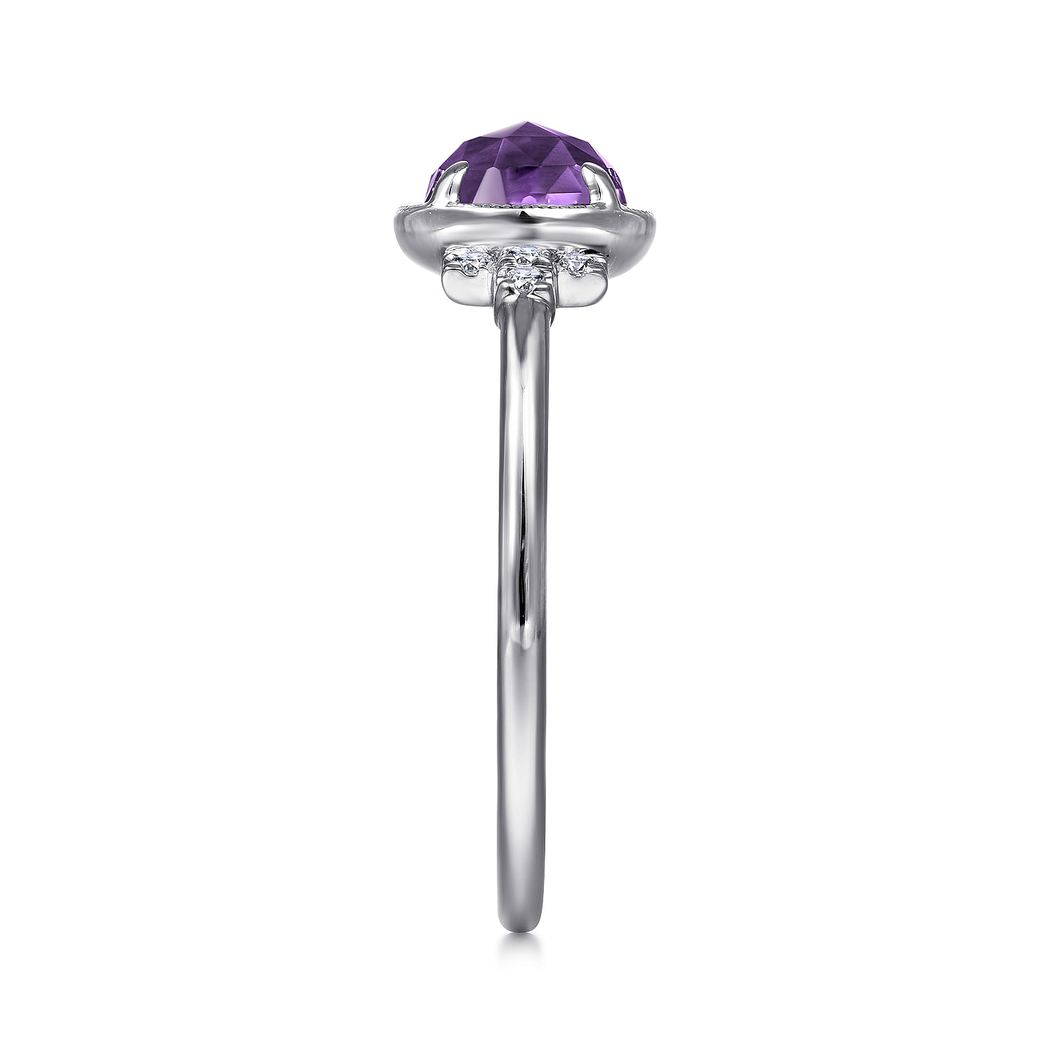 14K White Gold Round Bezel Set Amethyst Ring with Diamond Side Accents
