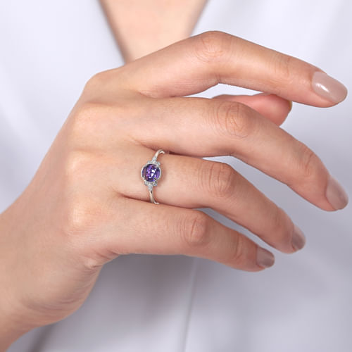 14K White Gold Round Bezel Set Amethyst Ring with Diamond Side Accents