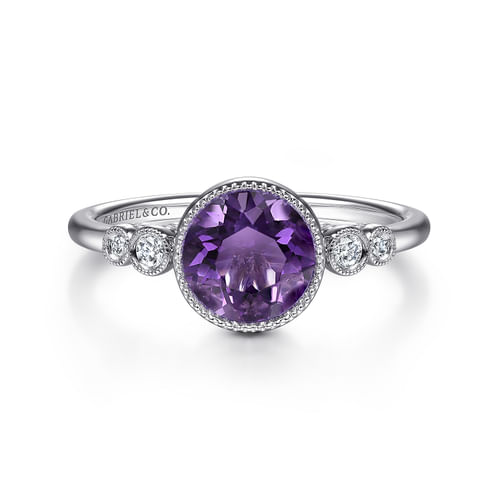 14K White Gold Round Bezel Set Amethyst and Diamond Ring