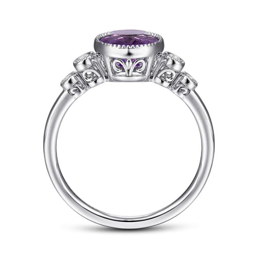 14K White Gold Round Bezel Set Amethyst and Diamond Ring