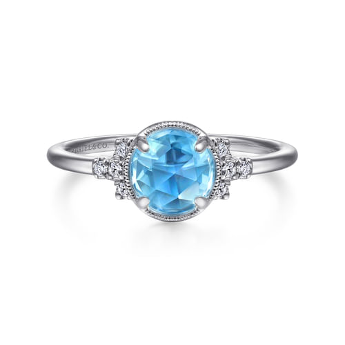 14K White Gold Round Bezel Set Blue Topaz Ring with Diamond Side Accents
