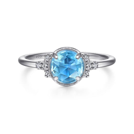 Gabriel - 14K White Gold Round Bezel Set Blue Topaz Ring with Diamond Side Accents