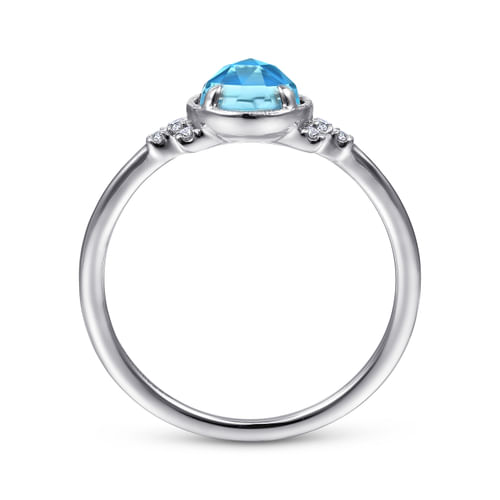 14K White Gold Round Bezel Set Blue Topaz Ring with Diamond Side Accents