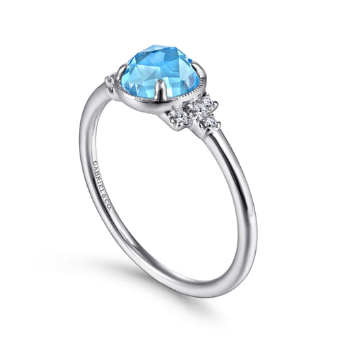 14K White Gold Round Bezel Set Blue Topaz Ring with Diamond Side Accents