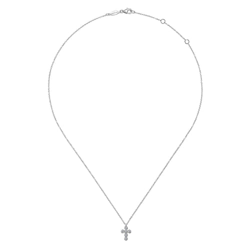 14K White Gold Round Bezel Set Diamond Cross Pendant Necklace