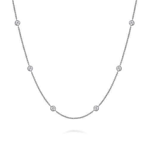 14K White Gold Round Bezel Set Diamond Station Necklace