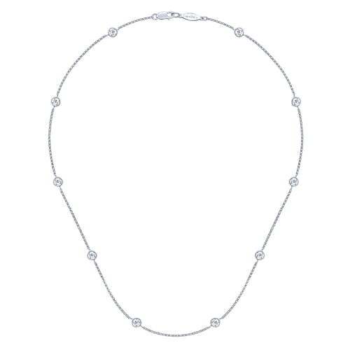 14K White Gold Round Bezel Set Diamond Station Necklace