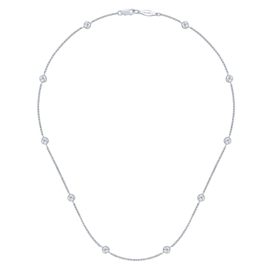 14K White Gold Round Bezel Set Diamond Station Necklace angle 2