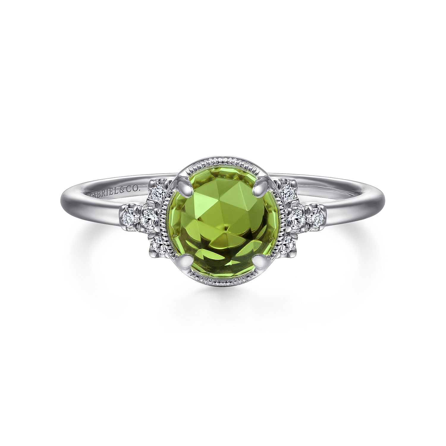 14K White Gold Round Bezel Set Peridot Ring with Diamond Side Accents