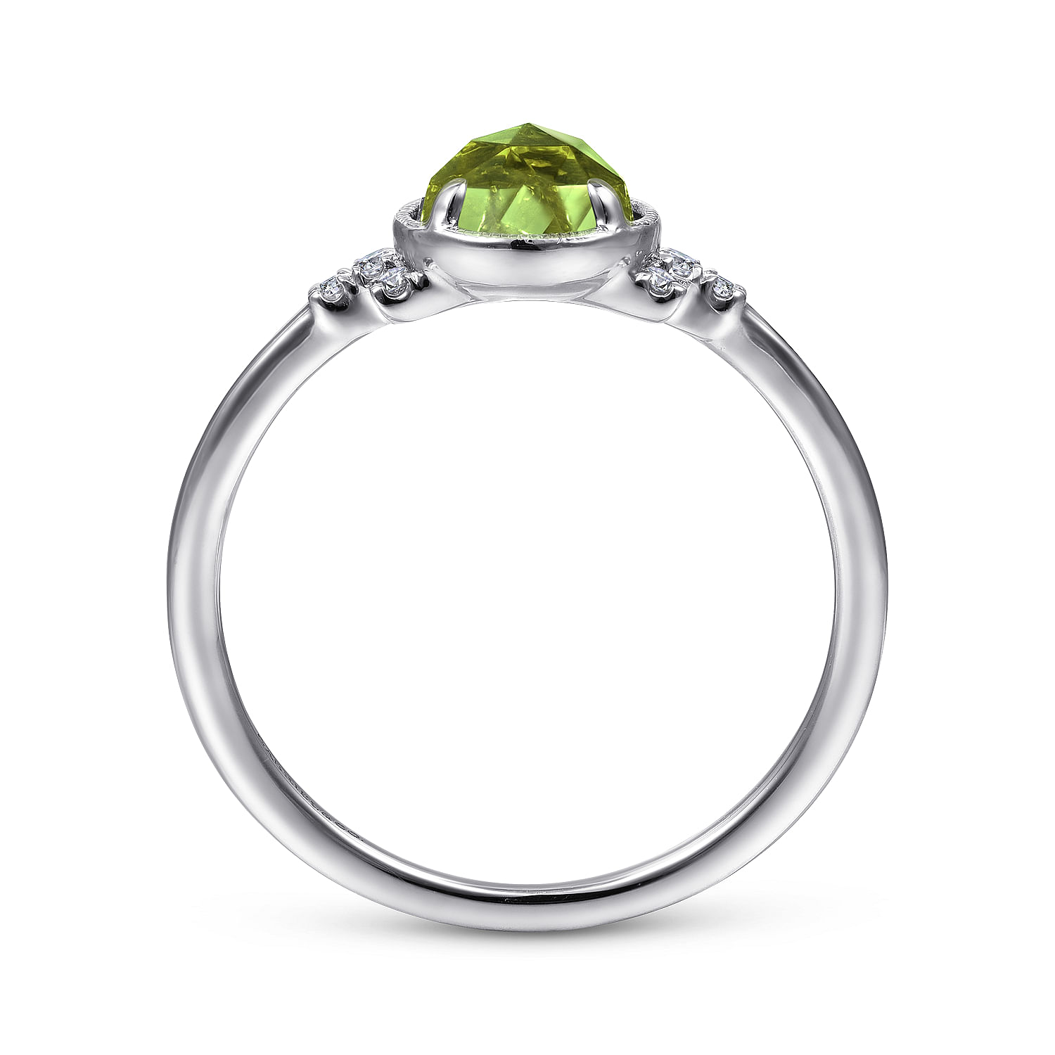 14K White Gold Round Bezel Set Peridot Ring with Diamond Side Accents