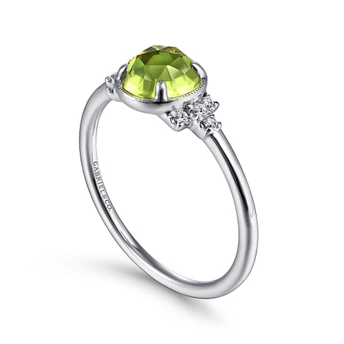 14K White Gold Round Bezel Set Peridot Ring with Diamond Side Accents