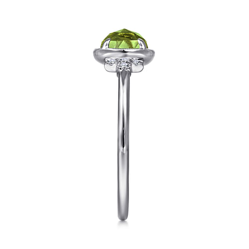 14K White Gold Round Bezel Set Peridot Ring with Diamond Side Accents