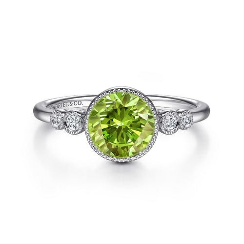 14K White Gold Round Bezel Set Peridot and Diamond Ring