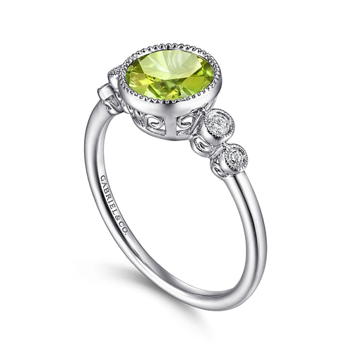 14K White Gold Round Bezel Set Peridot and Diamond Ring