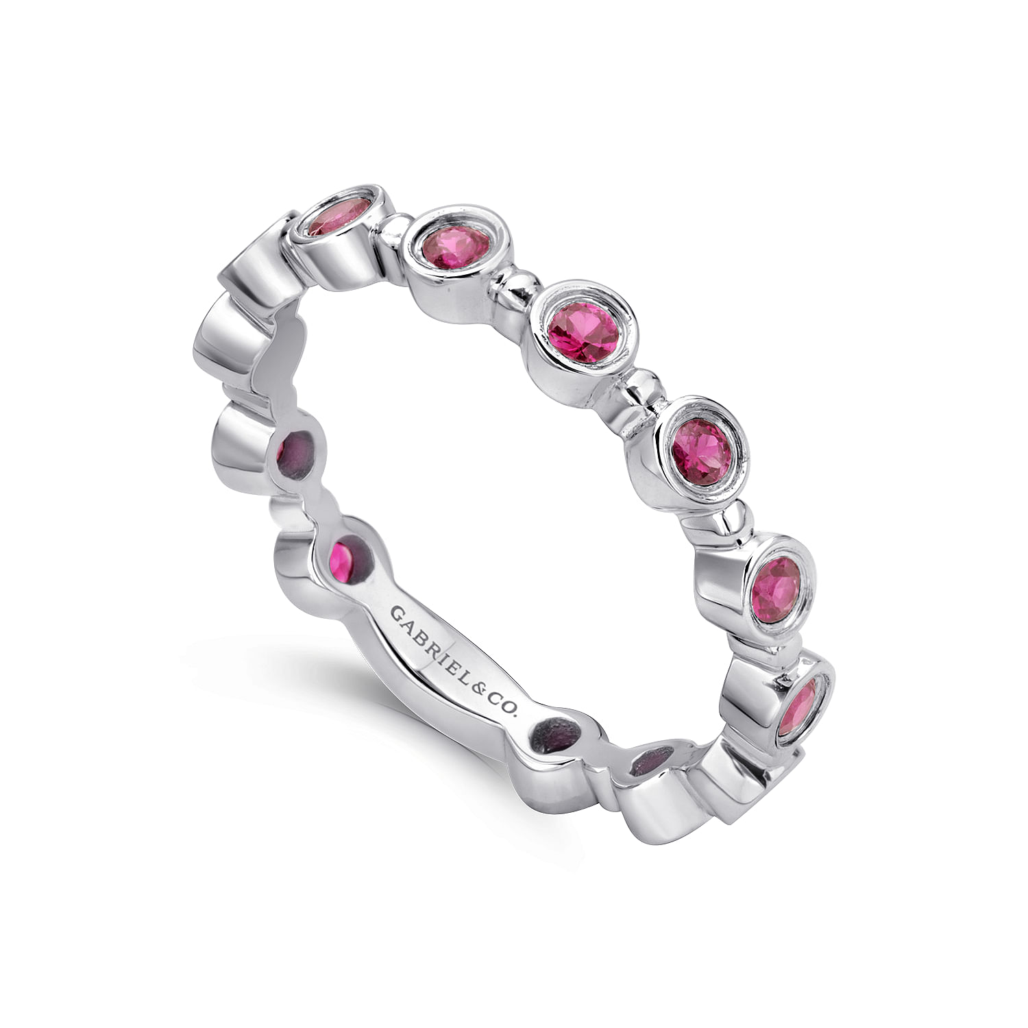 14K White Gold Round Bezel Station Ruby Stackable Ring