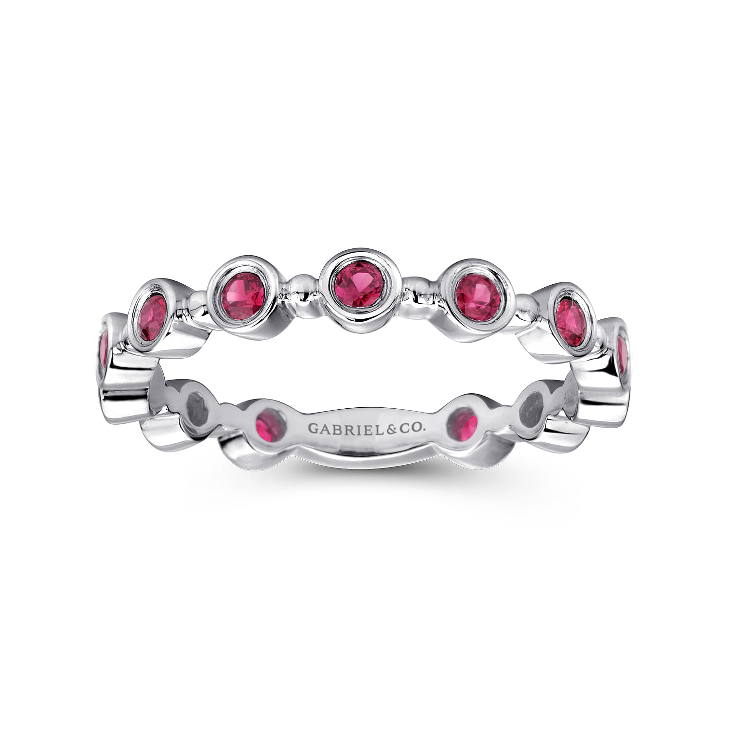 14K White Gold Round Bezel Station Ruby Stackable Ring
