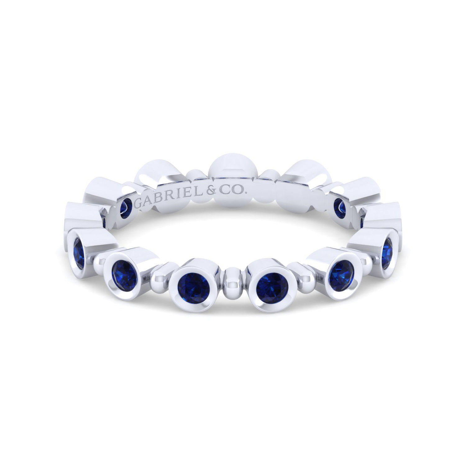 14K White Gold Round Bezel Station Sapphire Stackable Ring