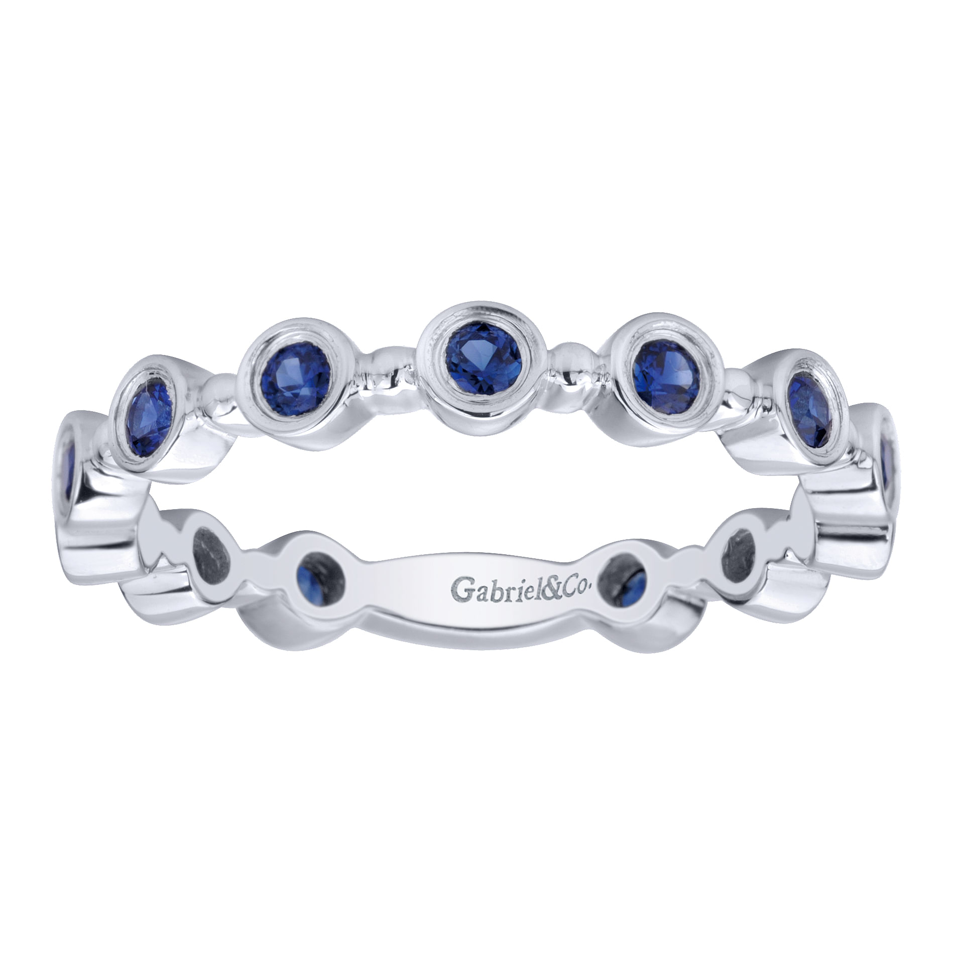 14K White Gold Round Bezel Station Sapphire Stackable Ring