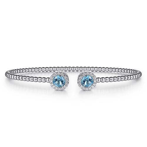 14K White Gold Round Blue Topaz and Diamond Halo Bujukan Bangle