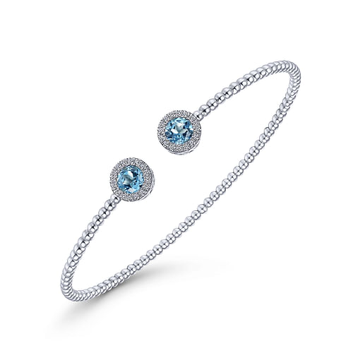 14K White Gold Round Blue Topaz and Diamond Halo Bujukan Bangle