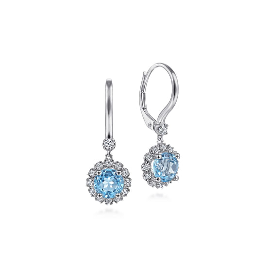 Gabriel - 14K White Gold Round Blue Topaz and Diamond Halo Drop Earrings