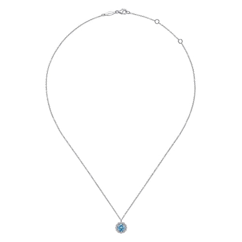 14K White Gold Round Blue Topaz and Diamond Halo Pendant Necklace
