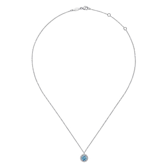 14K White Gold Round Blue Topaz and Diamond Halo Pendant Necklace angle 2