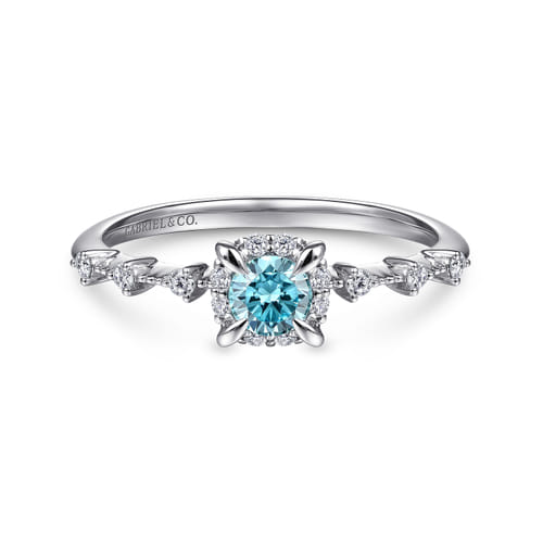 14K White Gold Round Blue Topaz and Diamond Halo Promise Ring