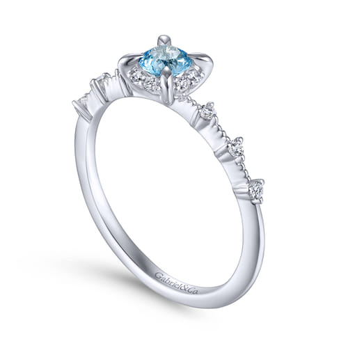 14K White Gold Round Blue Topaz and Diamond Halo Promise Ring