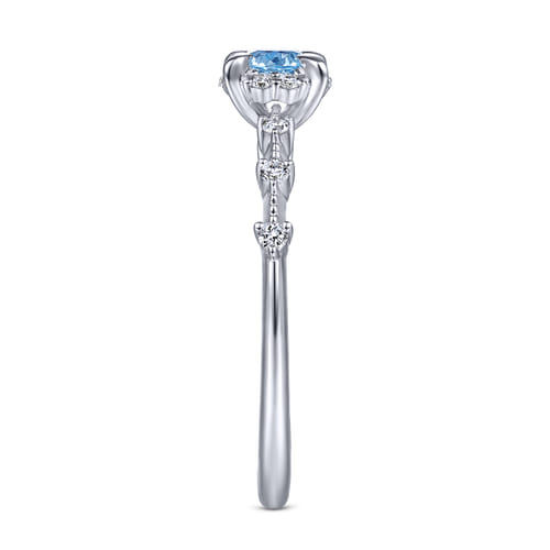 14K White Gold Round Blue Topaz and Diamond Halo Promise Ring