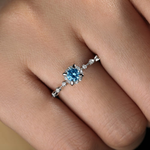 14K White Gold Round Blue Topaz and Diamond Halo Promise Ring