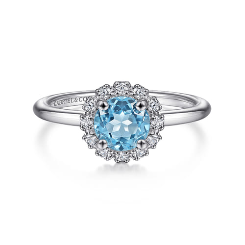 14K White Gold Round Blue Topaz and Diamond Halo Promise Ring