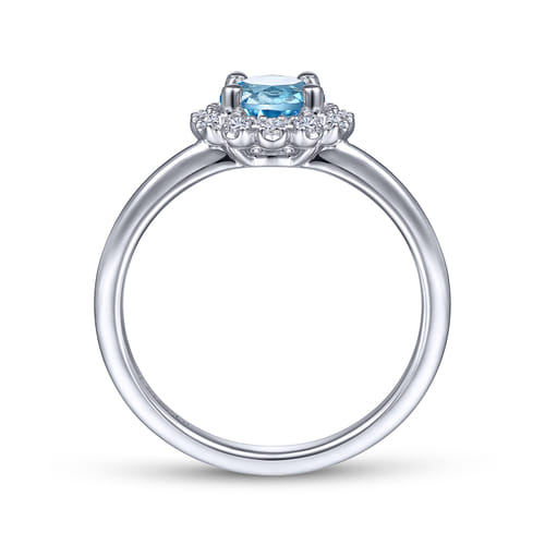 14K White Gold Round Blue Topaz and Diamond Halo Promise Ring