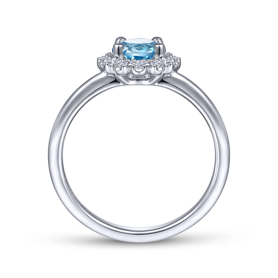 14K White Gold Round Blue Topaz and Diamond Halo Promise Ring angle 2